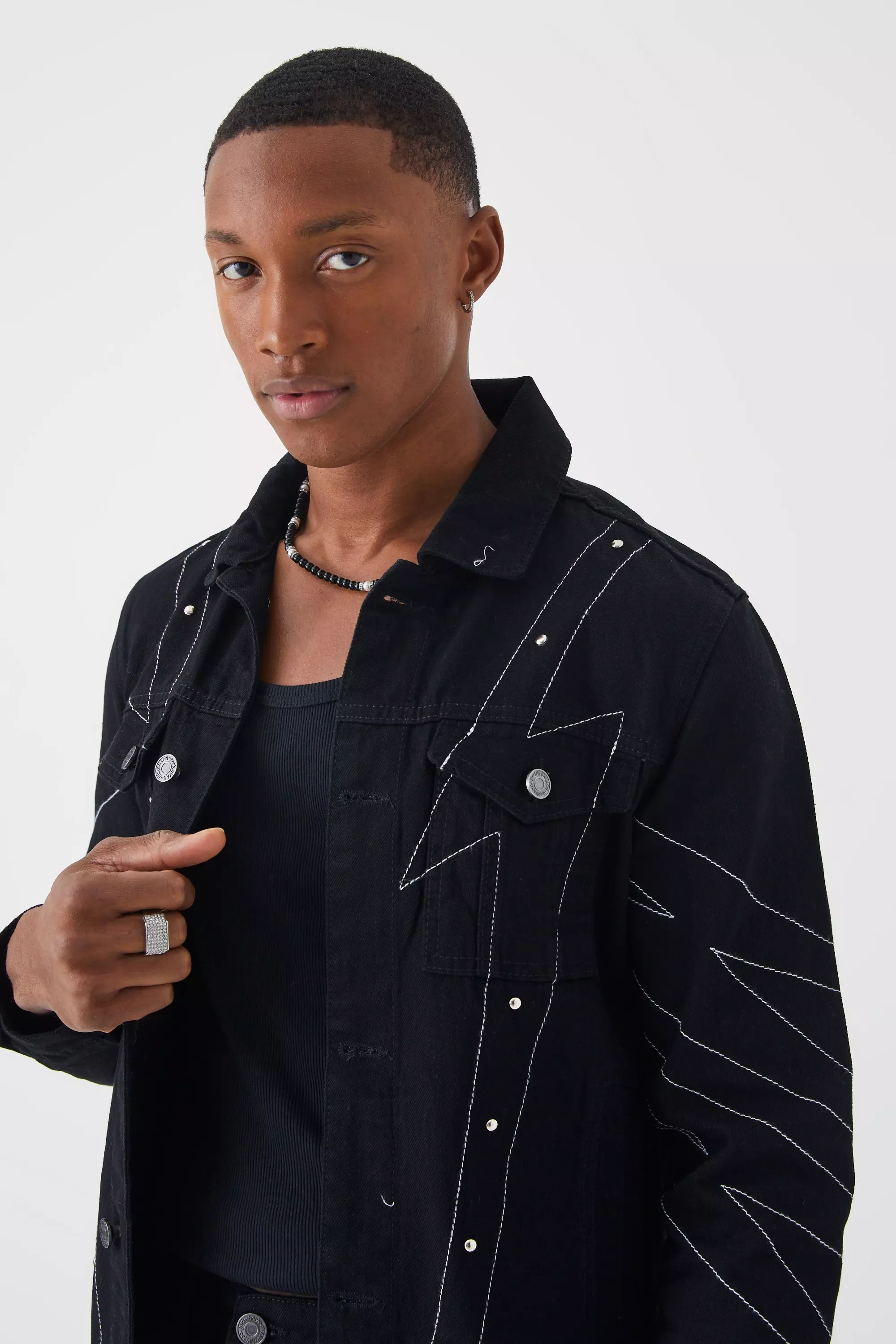 Contrast stitch black denim hot sale jacket